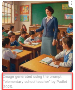 An image of an elementary school teacher in front of a classroom, with text highlighted using a red box below the image.